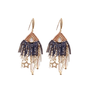 Sparkling zircon star and teardrop tassel earrings with blue beads and gold chains