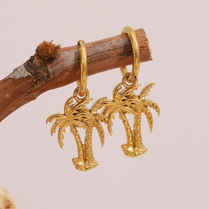 Elegant 18K gold plated stainless steel palm tree drop earrings for women