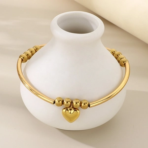 Bracelet Jonc En Acier Inoxydable Avec Pendentif Coeur Et Perles Métalliques Bijoux De Mode Pour Femmes