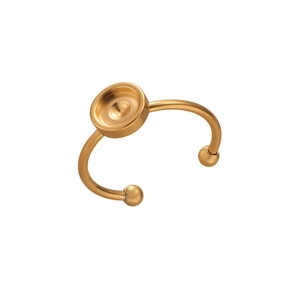 Macro view of gold stainless steel DIY ring base with round bezel and adjustable band