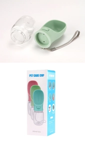 Exploded view of a 350ml portable pet water bottle with filter and green components