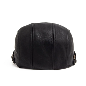 Classic black PU leather beret for men with litchi texture and adjustable back metal buckle