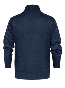 Back view of thick dark blue knit cardigan showing detailed texture and high collar style