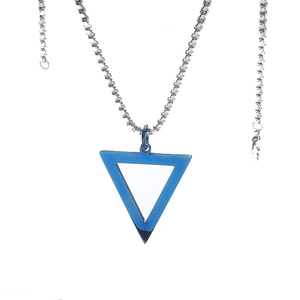 Detail of blue triangular pendant with rainbow metallic finish on a silver box chain