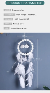 Detailed size specifications and dimensions for white feather dreamcatcher with LED lights