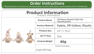 Detailed size specifications for fabric glowing Santa Claus and reindeer dolls