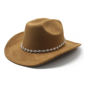 Close-up of brown suede cowboy hat featuring a sparkling silver rhinestone decorative band