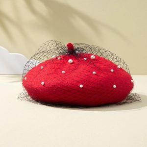 Red wool beret with black mesh veil and white pearls, French vintage elegant style hat