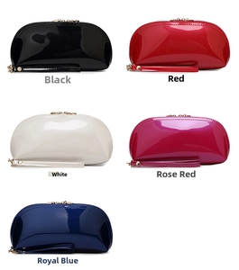 Detailed comparison of shell-shaped patent leather makeup bags in five vibrant colors