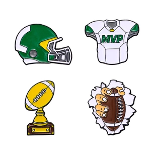 Set of four American football enamel pins featuring helmet, MVP jersey, and trophy
