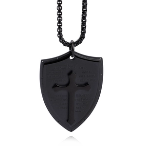 Black stainless steel shield pendant necklace with engraved scripture and cross design