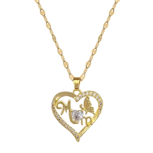 Golden heart necklace with butterfly and Mom pendant, encrusted with clear crystals