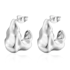 Polished silver irregular molten liquid metal C-shaped stud earrings on white background