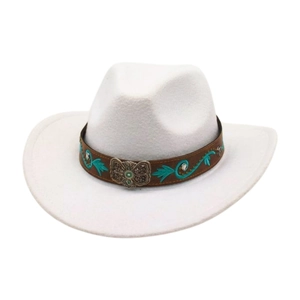 White western cowboy hat with turquoise vine embroidery on a brown leather band
