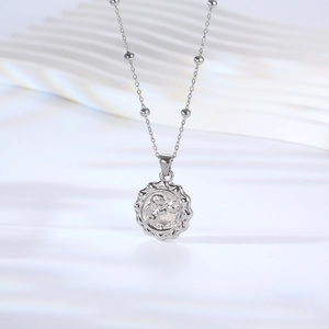 French retro silver Cupid embossed coin pendant necklace with bead chain for women