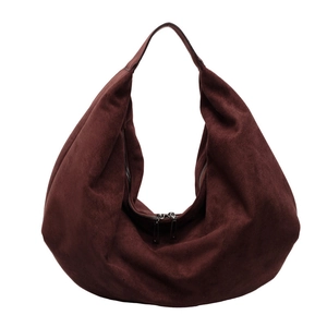 Minimalist burgundy suede large tote bag with dual zippers and vintage shoulder strap design