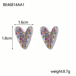Detail showing dimensions of heart-shaped earrings with colorful crystals, 1.6cm x 1.8cm