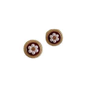 Vintage style round button earrings with red enamel, pearls, and gold-plated rope border