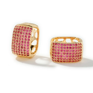 Elegant gold quadrilateral hoop earrings with sparkling pink micro-pave zircons for women