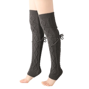 Dark grey cable knit over-knee leg warmers with lace-up bow ties for women