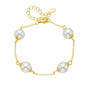 Elegant S925 sterling silver gold plated bracelet with four white pearls and adjustable chain
