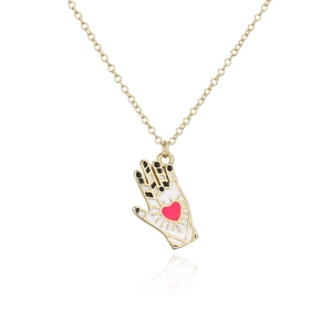 Unique 18K gold-plated palm pendant necklace with white enamel and red heart motif
