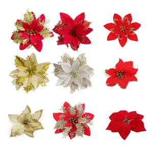 Glitter Artificial Christmas Flowers For Christmas Tree Wreath Decoration Poinsettia Floral Ornaments For Holiday Party Home Decor