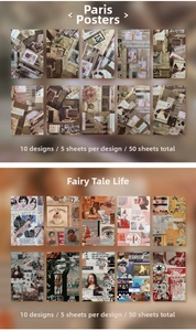Detail of vintage Paris Poster and Fantasy Life scrapbooking stickers, 50 sheets pack