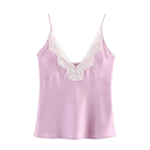 Elegant lavender satin camisole with white floral lace trim and V-neckline in flat lay view