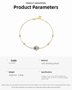 Detailed view of S925 sterling silver Hamsa hand bracelet with 18K gold plating and blue zircon