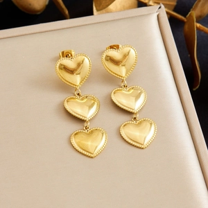 Heart Earrings Stainless Steel Gold Plated Polished Milgrain Edge Multi Layered Dangle Drop Stud Fashion For Women
