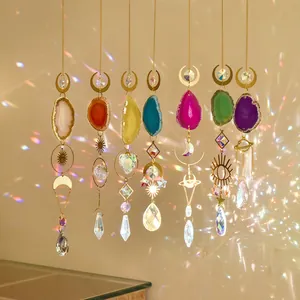 7-piece set of natural agate moon suncatchers with crystal prisms and gold metal chains