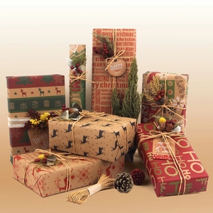 Christmas Wrapping Paper Retro Kraft Paper For Holiday Gift Packaging Reindeer Snowflake Patterned Decorative DIY Sheets