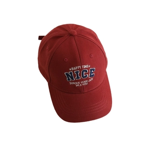Kids red cotton baseball cap with blue NICE embroidery and white HAPPY TIME text