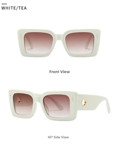 Front and 45-degree side view of vintage white square sunglasses with tea gradient lenses
