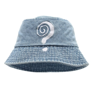 Light blue washed denim bucket hat with white question mark embroidery for streetwear style