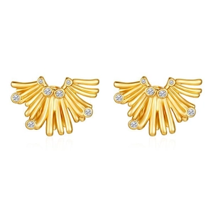 Macro detail of 18K gold plated wing stud earrings with sparkling clear zircon stones
