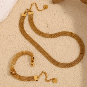 Minimalist 18K gold plated stainless steel mesh chain necklace and bracelet jewelry set