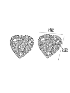 Detailed view of silver heart earrings with sparkling crystals showing 4.1cm dimensions