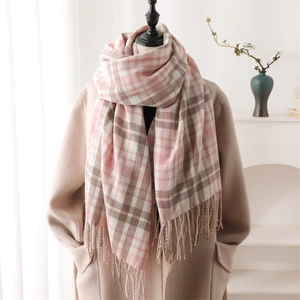 Pink and white plaid cashmere-like scarf with tassels on a beige coat outfit