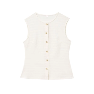 Gilet da donna color crema in tessuto plissettato con bottoni e design senza maniche