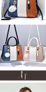 Detail of color-block PU leather tote with pearl bow charm and detachable shoulder strap