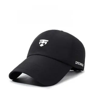 Detail of black breathable baseball cap showing side ventilation holes and DFSONGE text