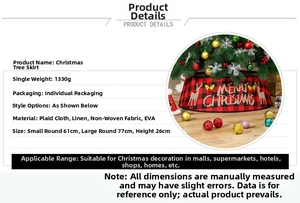 Detail view of red and black plaid Christmas tree collar with elk design and size specifications