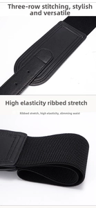 Detail of wide elastic waist belt with three-row stitching and textured leather finish