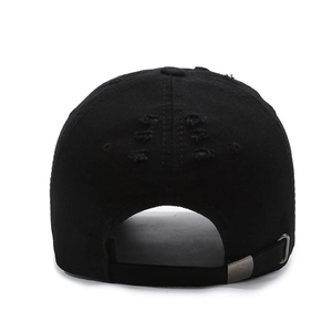 Distressed black cotton baseball cap with vintage embroidery and metal buckle strap