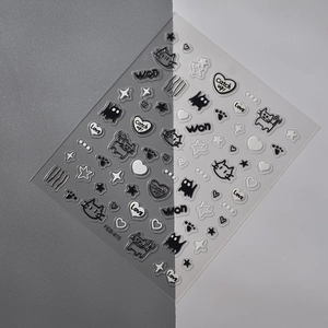 Autocollants 3D pour ongles avec motifs de chats et d'étoiles en noir et blanc détaillés