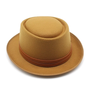 Classic camel wool felt flat top boater hat with double leather band decoration