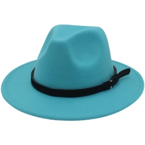 Cyan wool felt jazz hat with black leather belt and metal buckle on white background