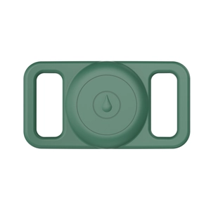 Detail view of the forest green silicone AirTag case for pet collars and straps